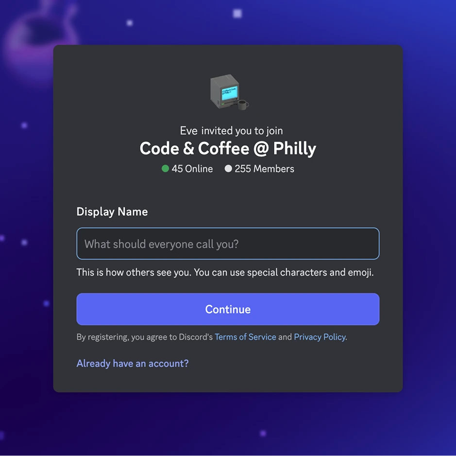 screenshot of discord invite